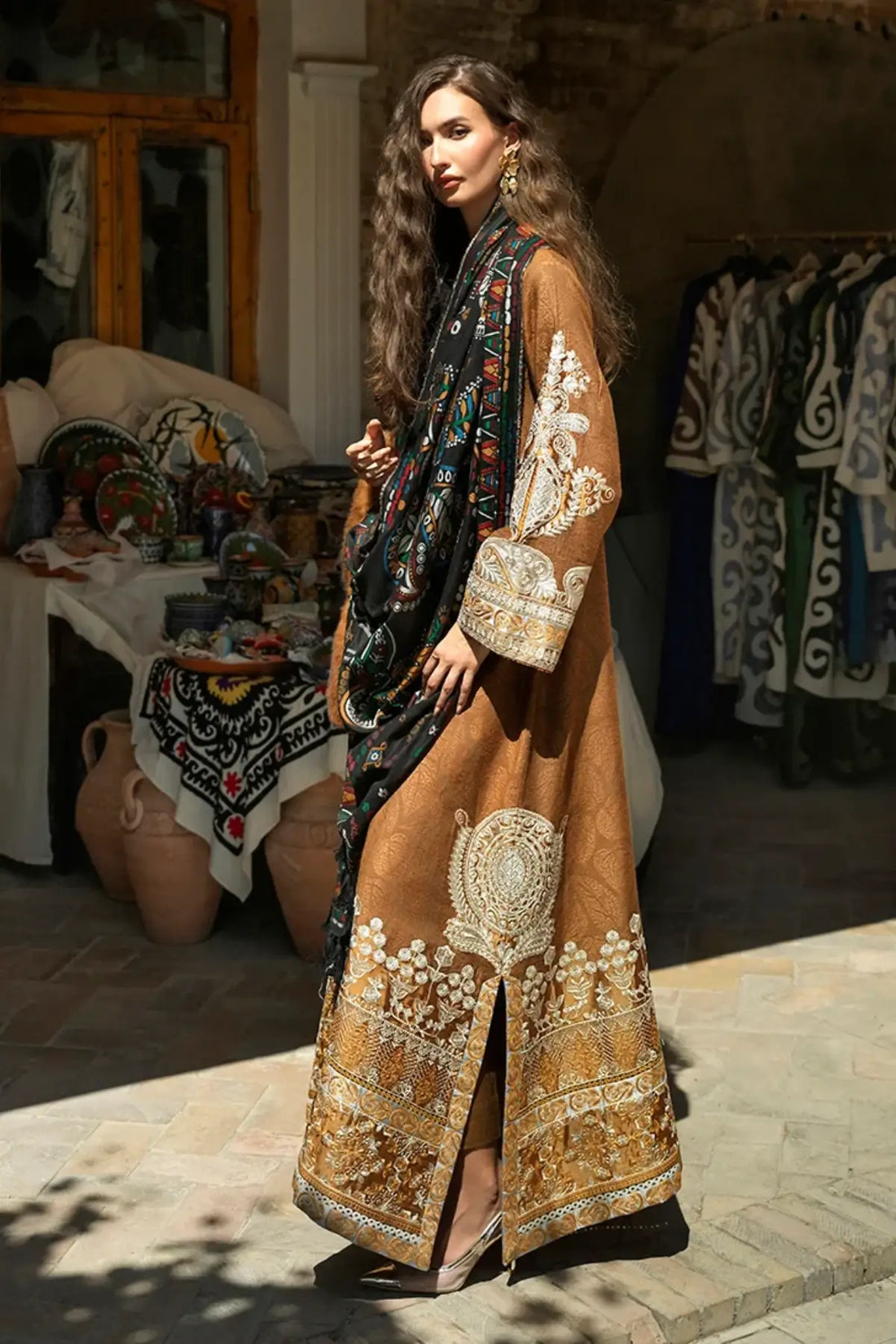 Samarkand Jewel by Mushq Broadway Winter 2026 mustard jacquard viscose stitched winter 3PC suit with embroidered neckline and shawl