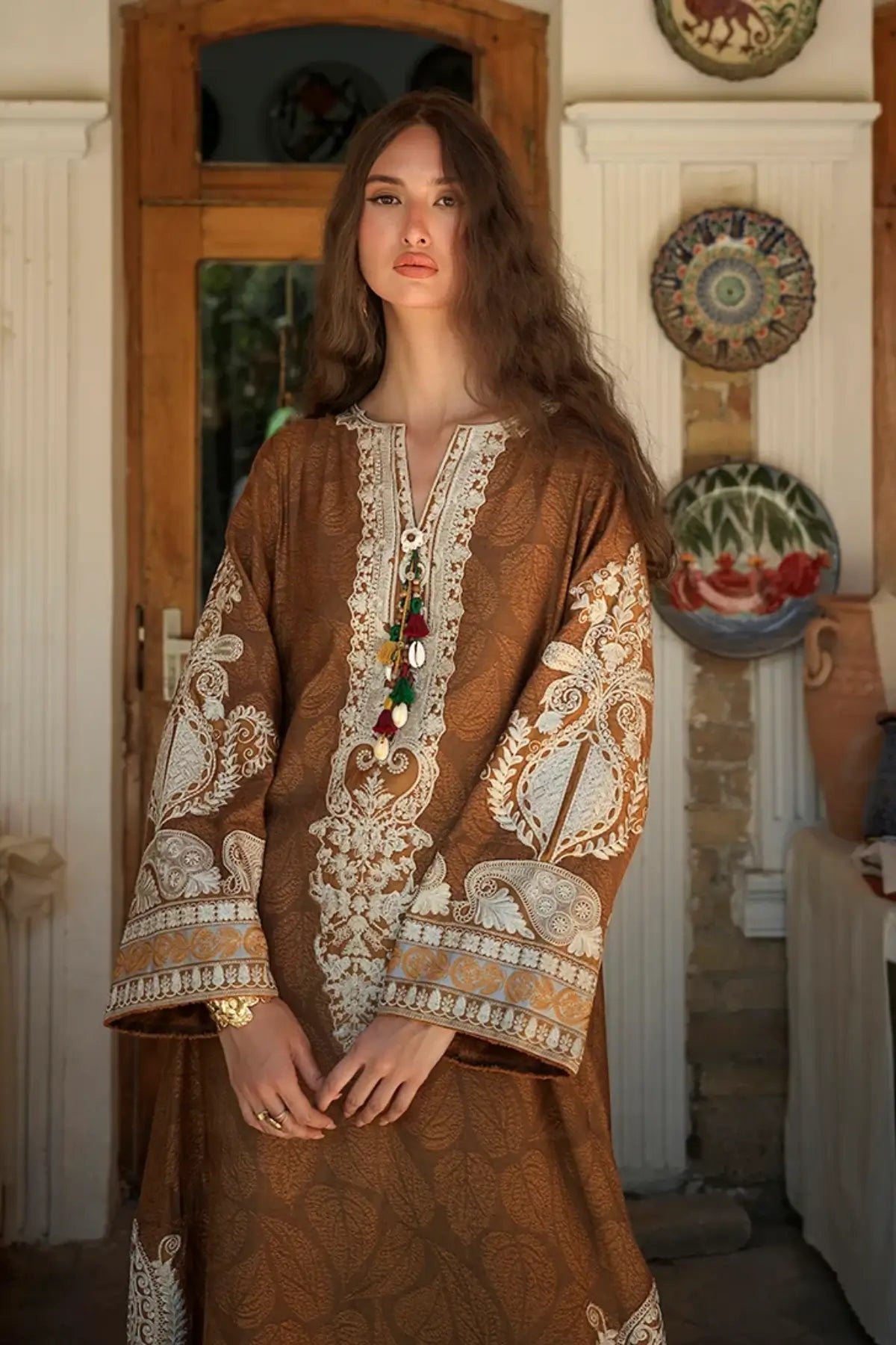 Samarkand Jewel by Mushq Broadway Winter 2026 mustard jacquard viscose stitched winter 3PC suit with embroidered neckline and shawl