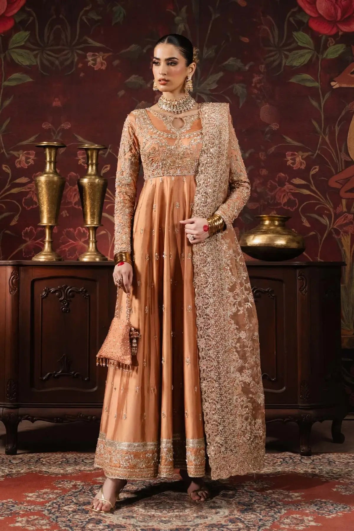 Samira Kanwal Malik Shehnai peach handcrafted tissue silk dress with organza dupatta and tissue silk churidar
