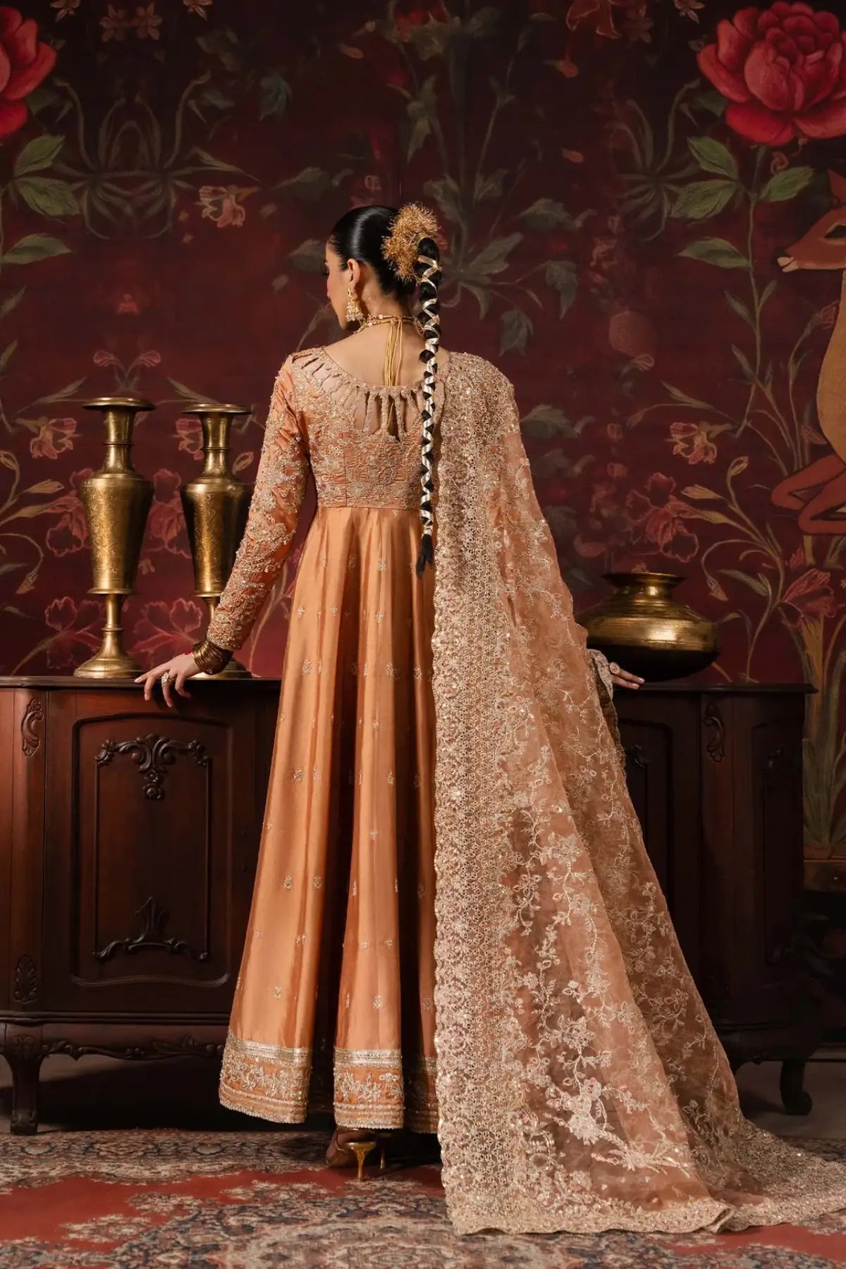 Samira Kanwal Malik Shehnai peach handcrafted tissue silk dress with organza dupatta and tissue silk churidar
