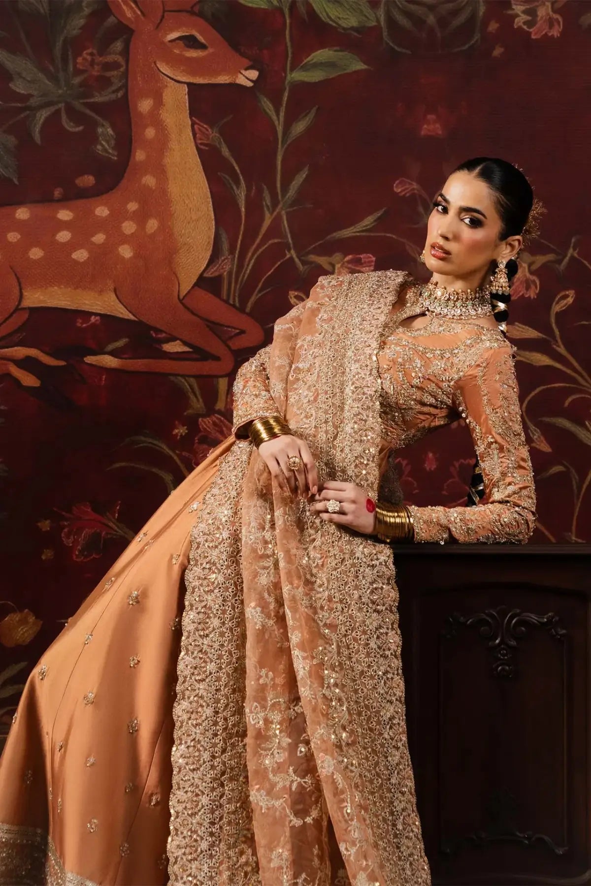 Samira Kanwal Malik Shehnai peach handcrafted tissue silk dress with organza dupatta and tissue silk churidar