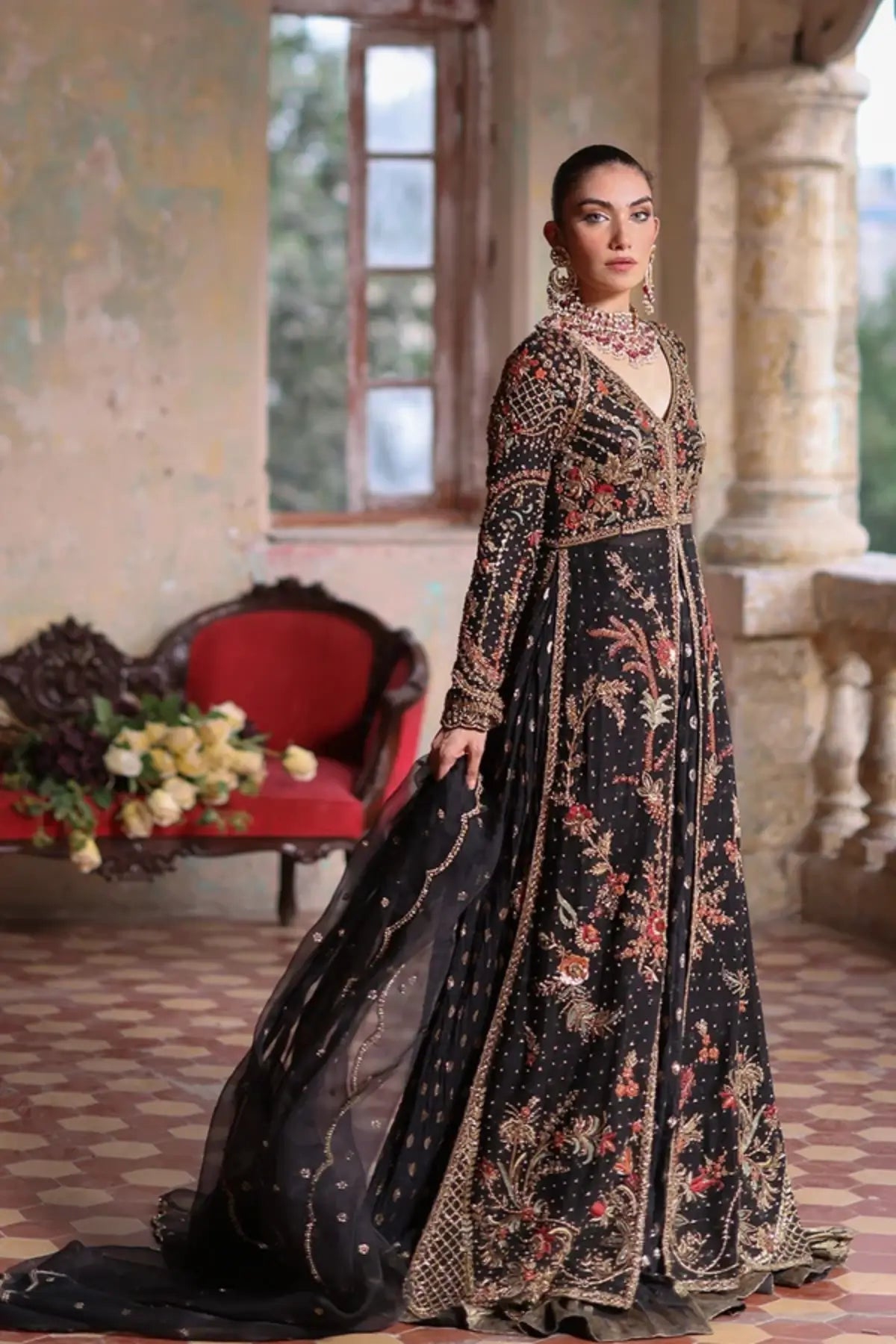 Samirah Black Zardozi Cotton Silk Pishwas with Crushed Silk Lehenga and Organza Dupatta