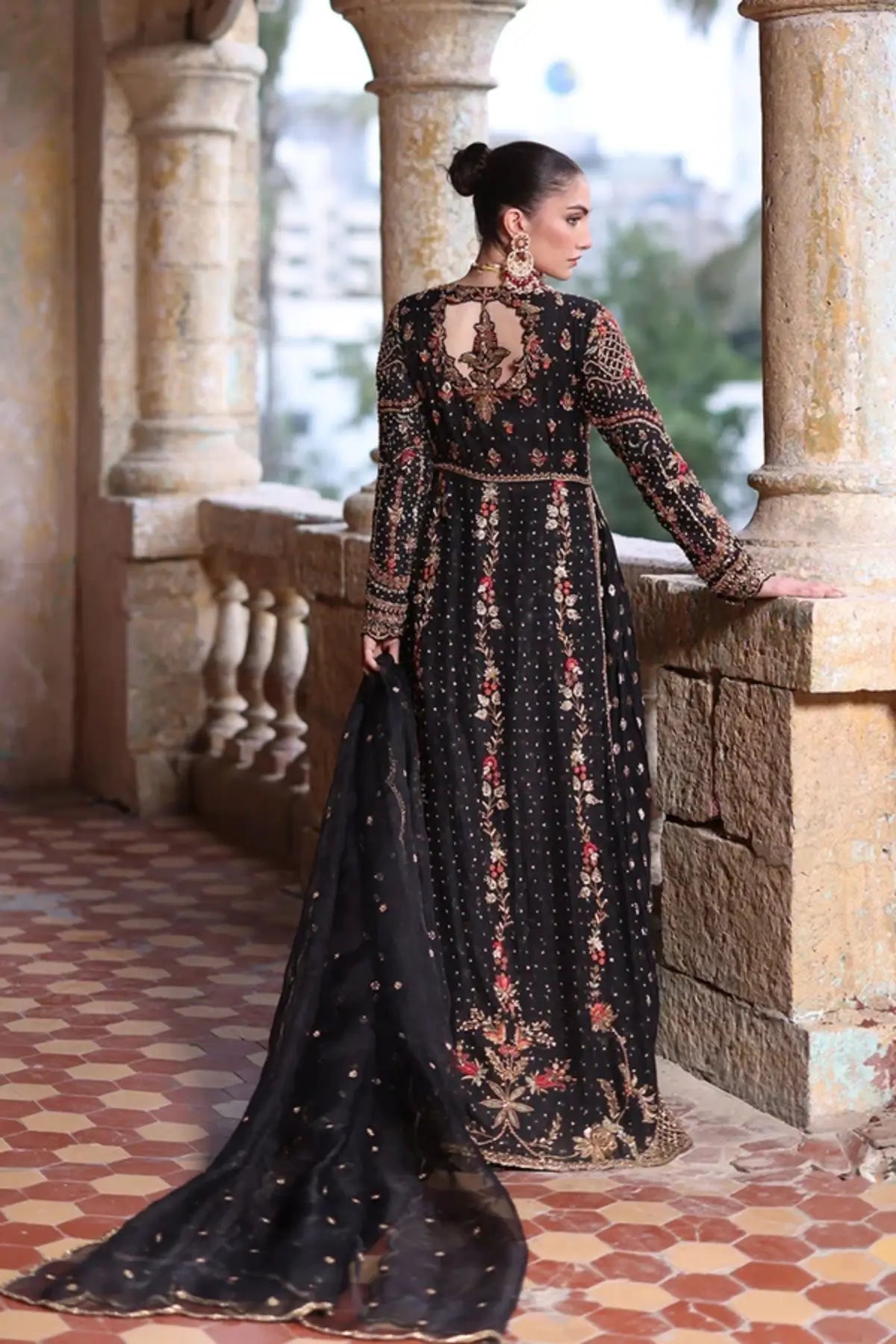 Samirah Black Zardozi Cotton Silk Pishwas with Crushed Silk Lehenga and Organza Dupatta