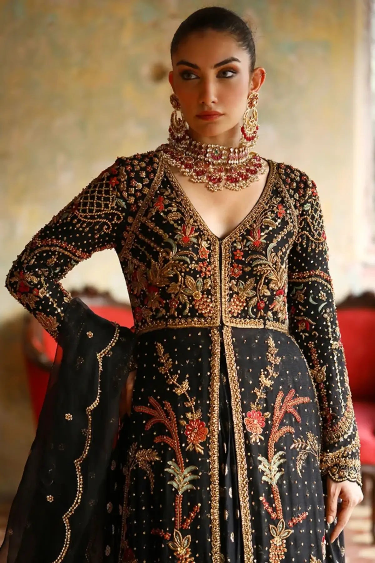 Samirah Black Zardozi Cotton Silk Pishwas with Crushed Silk Lehenga and Organza Dupatta