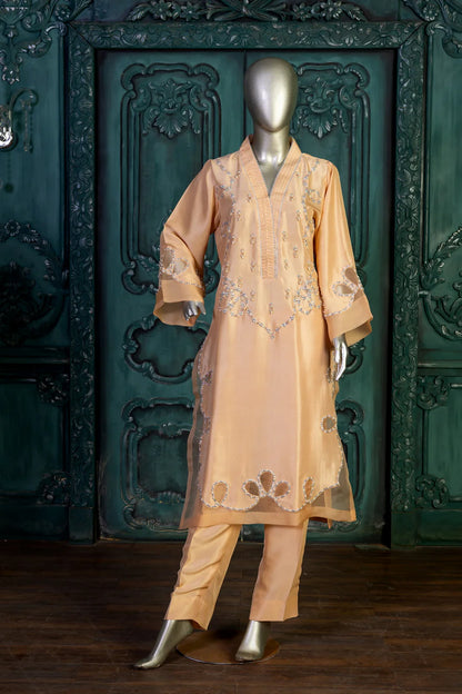 Sanam-Peach Silk Pakistani Designer Suit with Pearl, Stone & Sequin Handwork