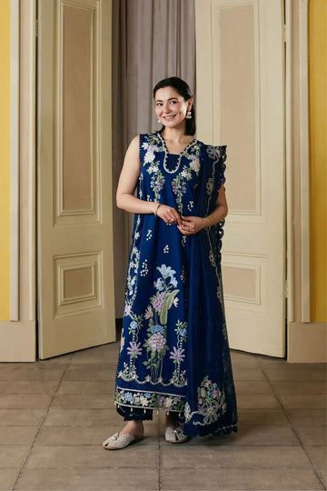 Sanam Maryam Hussain Navy Blue Embroidered Lawn 3PC Suit with Cotton Net Dupatta