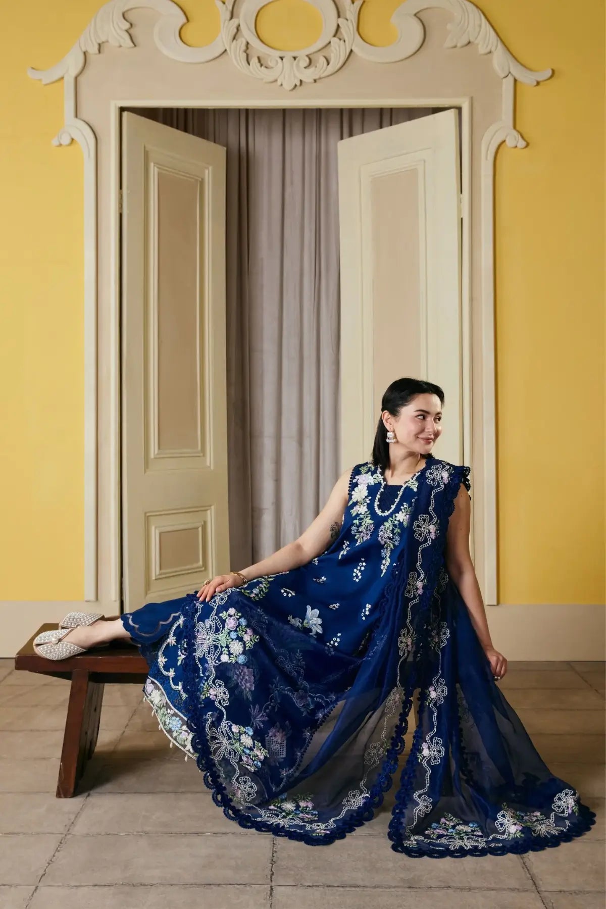 Sanam Maryam Hussain Navy Blue Embroidered Lawn 3PC Suit with Cotton Net Dupatta