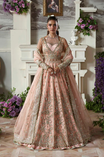 Sanoura luxury peach pink bridal pishwas outfit with dupatta by Akbar Aslam, hand-embellished ensemble perfect for wedding receptions.