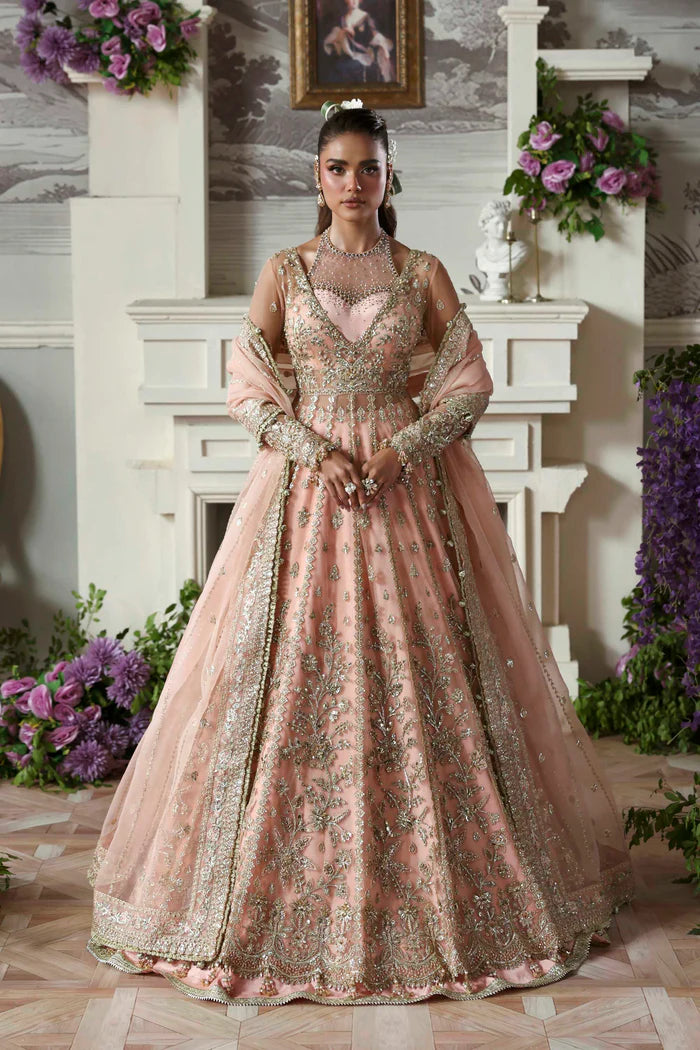 Sanoura luxury peach pink bridal pishwas outfit with dupatta by Akbar Aslam, hand-embellished ensemble perfect for wedding receptions.