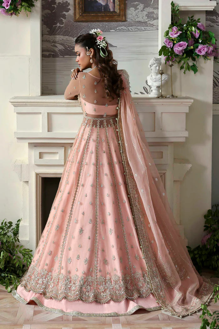 Sanoura luxury peach pink bridal pishwas outfit with dupatta by Akbar Aslam, hand-embellished ensemble perfect for wedding receptions.