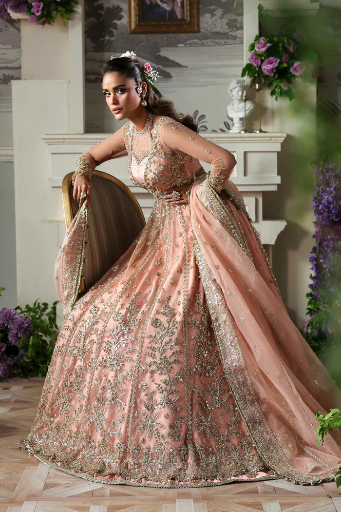 Sanoura luxury peach pink bridal pishwas outfit with dupatta by Akbar Aslam, hand-embellished ensemble perfect for wedding receptions.