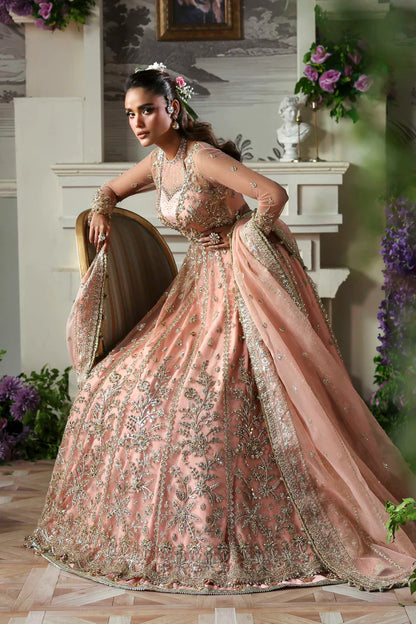 Sanoura luxury peach pink bridal pishwas outfit with dupatta by Akbar Aslam, hand-embellished ensemble perfect for wedding receptions.