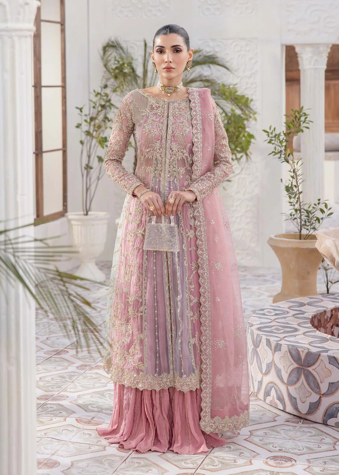 Multicolor embroidered pink pishwas with crushed trousers and sequin spray dupatta – ideal Pakistani Eid wear for USA, UK, and Canada.