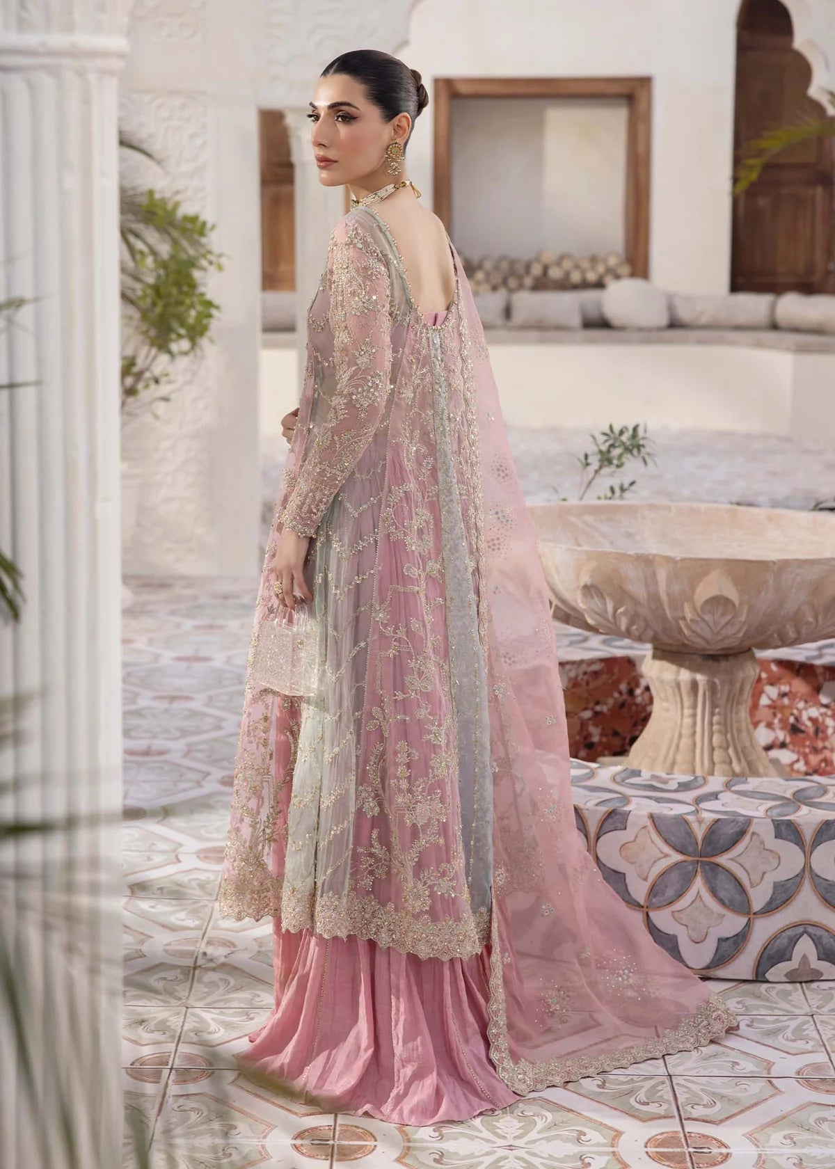 Multicolor embroidered pink pishwas with crushed trousers and sequin spray dupatta – ideal Pakistani Eid wear for USA, UK, and Canada.