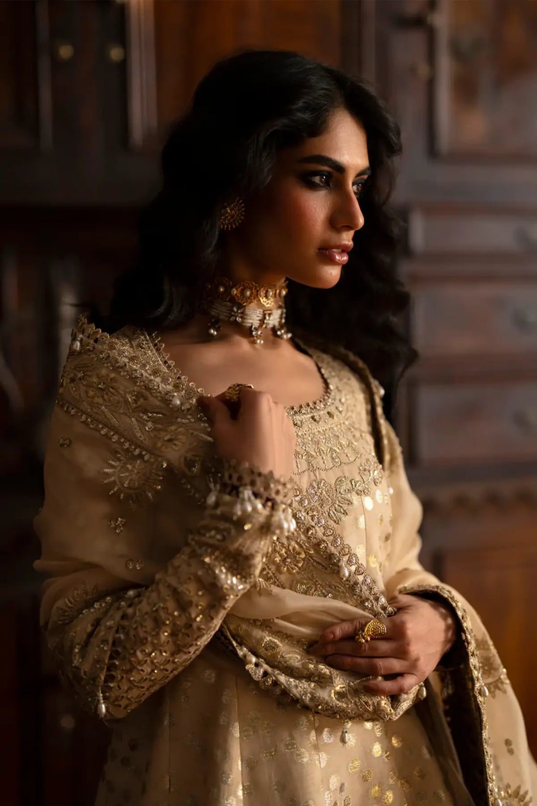 Saad Bin Shahzad Gold Stitched Kalidaar Sharara Suit Saphina in Zari Silk with Organza Dupatta Pakistanimoda Online Store.