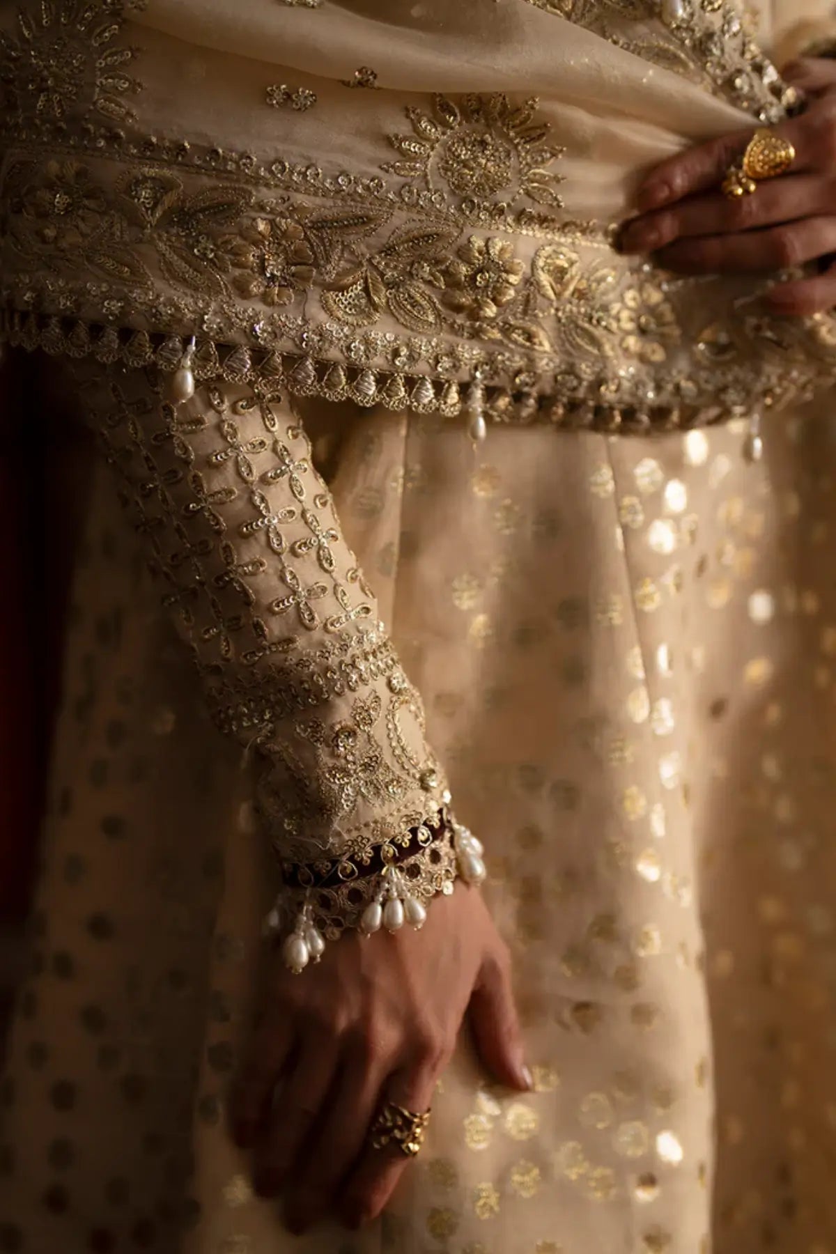 Saad Bin Shahzad Gold Stitched Kalidaar Sharara Suit Saphina in Zari Silk with Organza Dupatta Pakistanimoda Online Store.