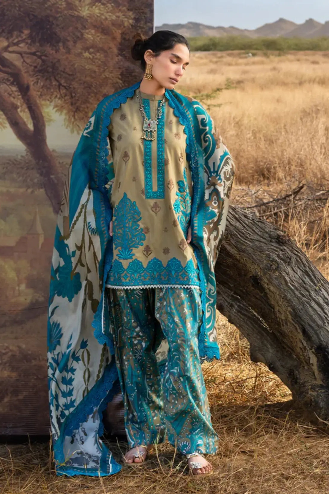 Beige Zainab Chottani Saphira stitched lawn suit with sea blue embroidery and silk dupatta