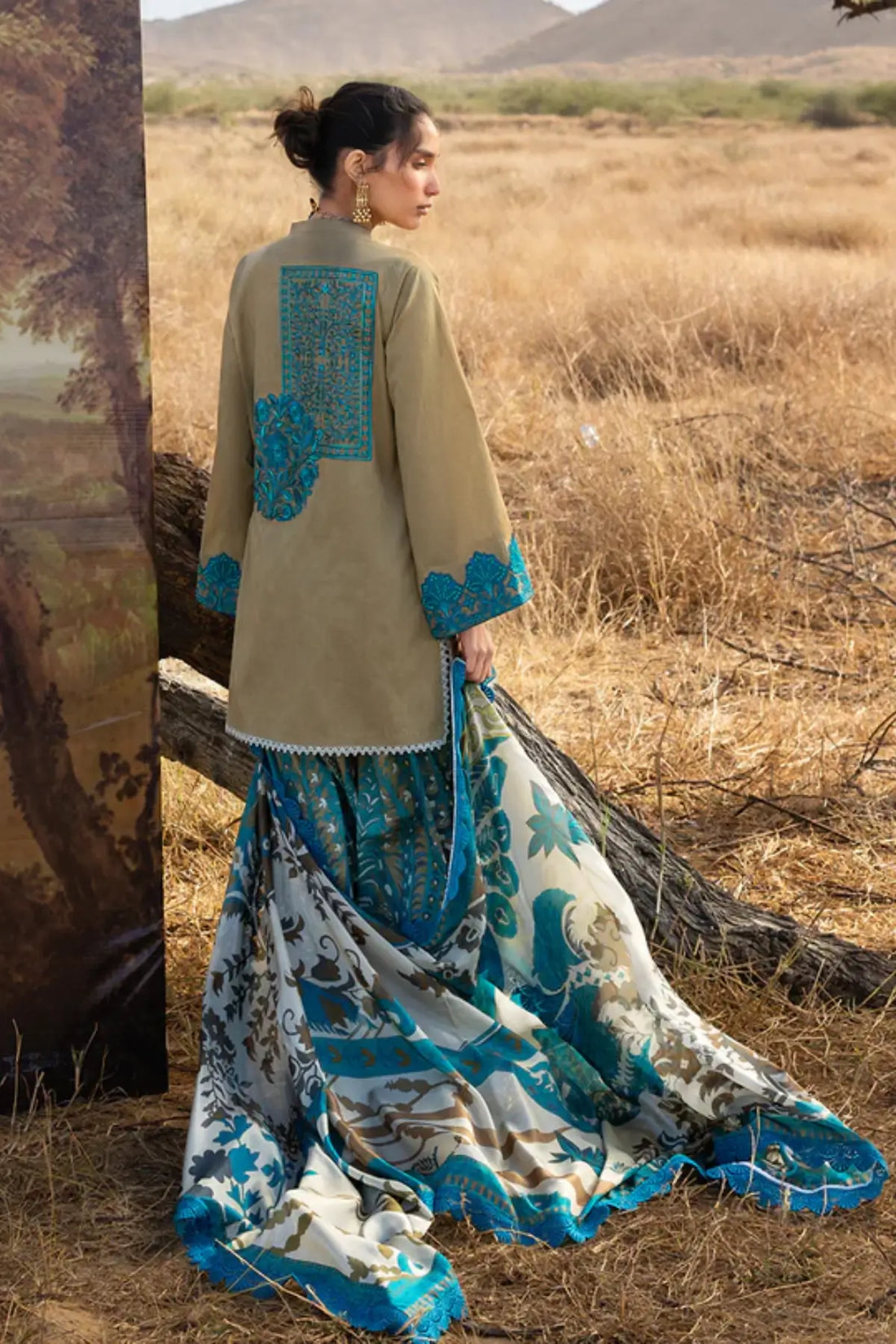 Beige Zainab Chottani Saphira stitched lawn suit with sea blue embroidery and silk dupatta