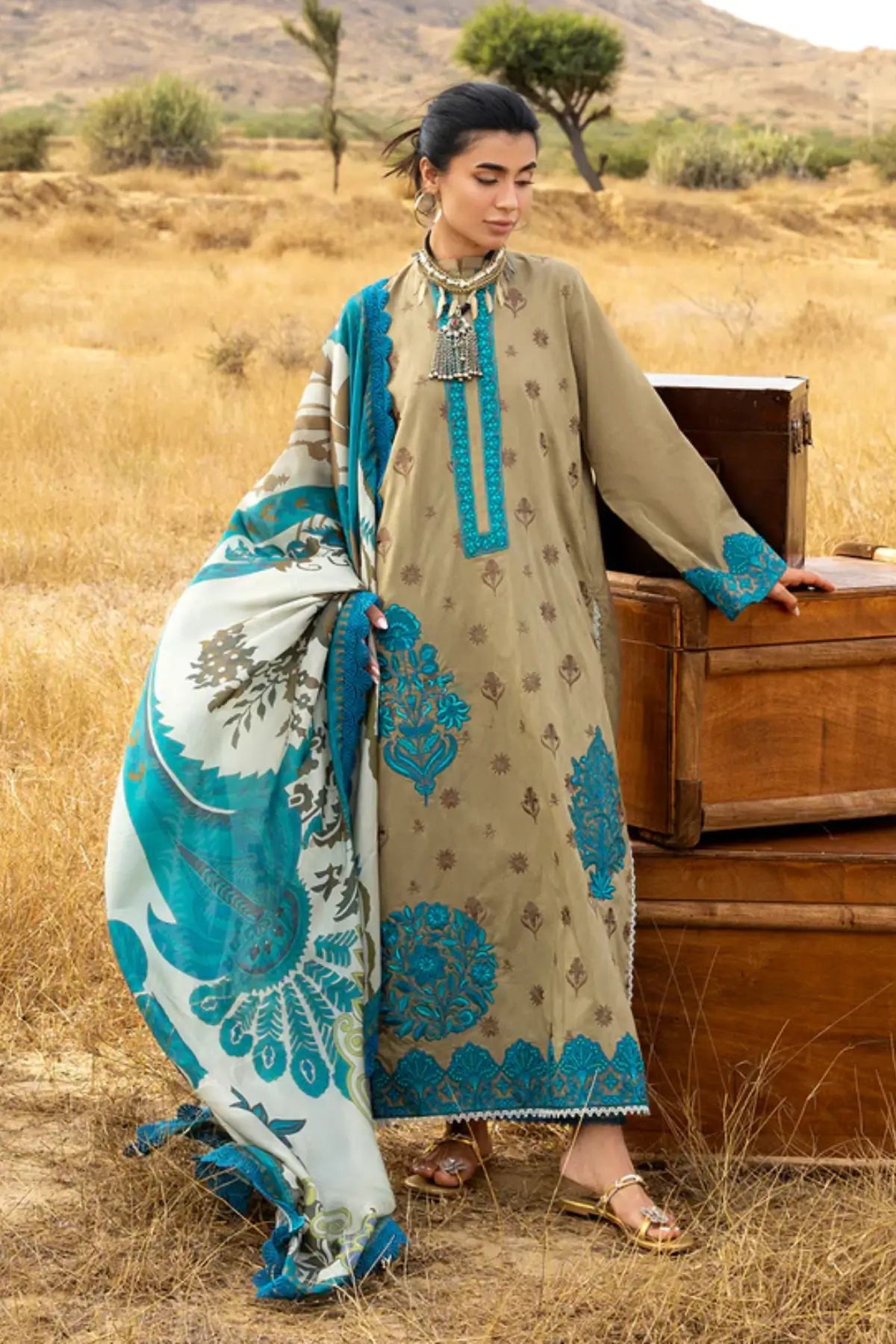 Beige Zainab Chottani Saphira stitched lawn suit with sea blue embroidery and silk dupatta