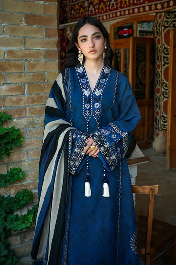 Sapphire Sultana by Mushq Broadway Winter 2026 blue jacquard viscose stitched winter 3PC suit with embroidered neckline and wool shawl
