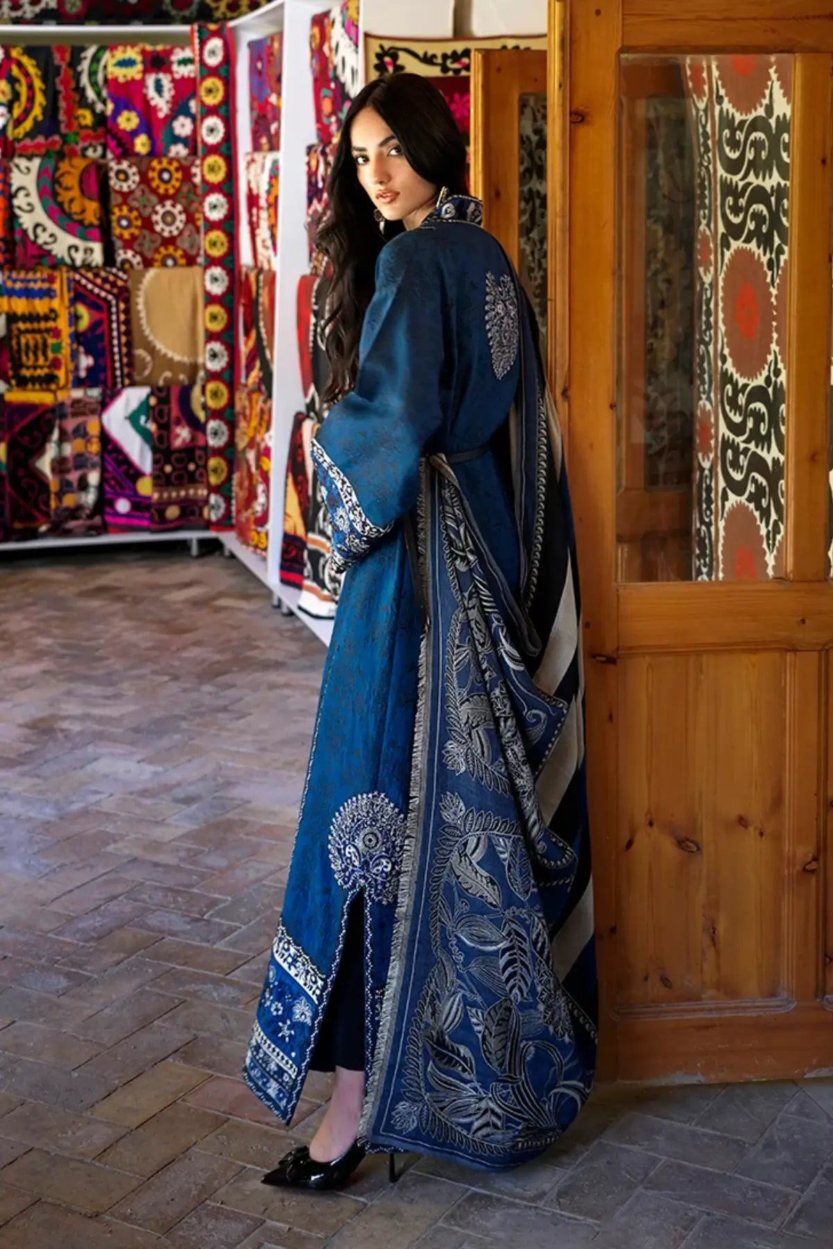 Sapphire Sultana by Mushq Broadway Winter 2026 blue jacquard viscose stitched winter 3PC suit with embroidered neckline and wool shawl