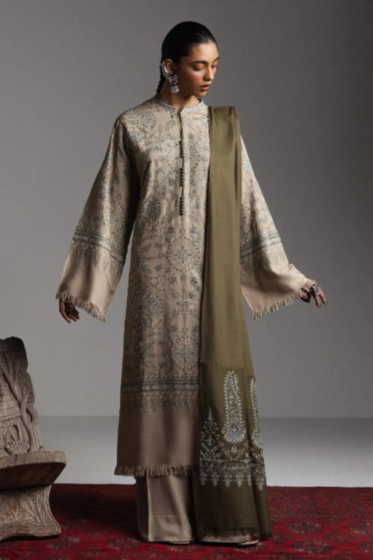 Zara Shahjahan Sarab D8 beige embroidered marina stitched winter 3PC suit with army green shawl from Saraab Winter 2026