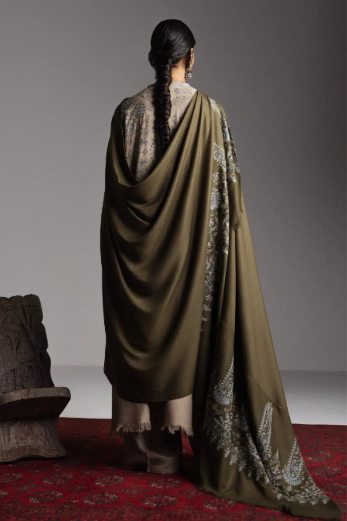 Zara Shahjahan Sarab D8 beige embroidered marina stitched winter 3PC suit with army green shawl from Saraab Winter 2026