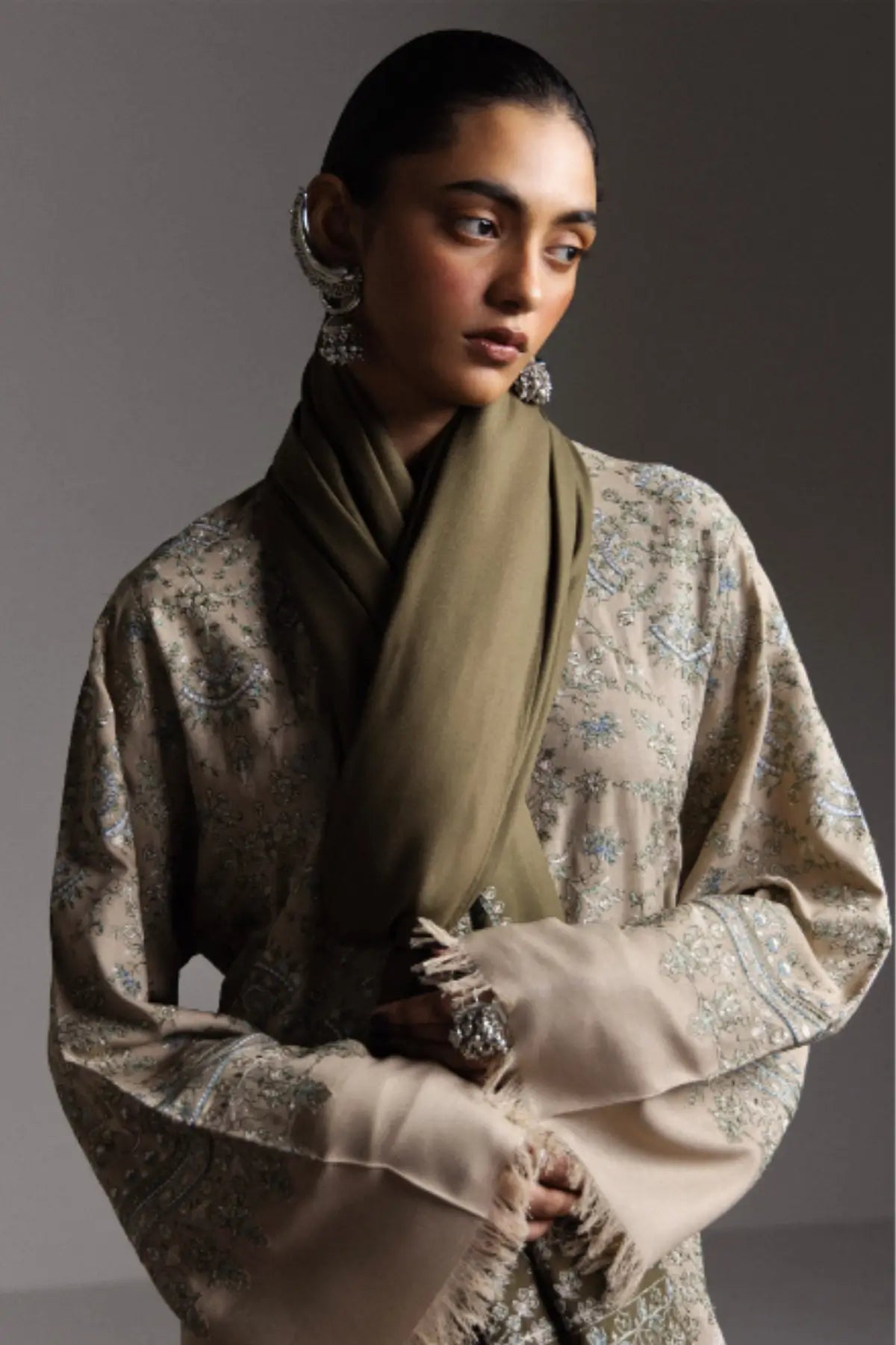 Zara Shahjahan Sarab D8 beige embroidered marina stitched winter 3PC suit with army green shawl from Saraab Winter 2026