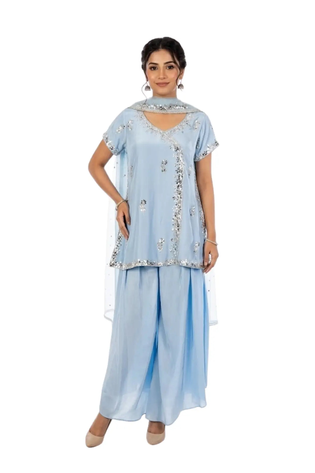 Sarah powder blue tassel silk suit with hand embellishment and elegant party wear styling by MariamRaj