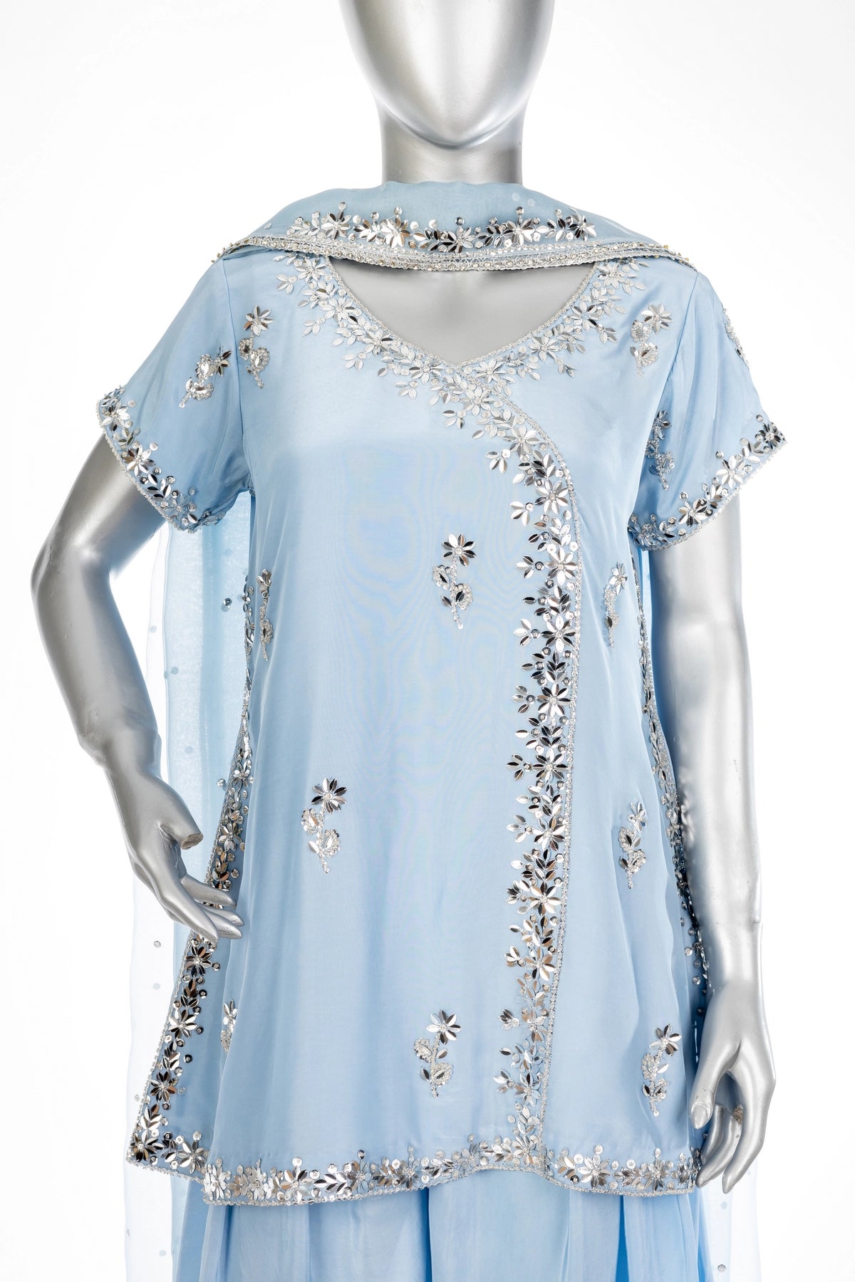 Sarah powder blue tassel silk suit with hand embellishment and elegant party wear styling by MariamRaj