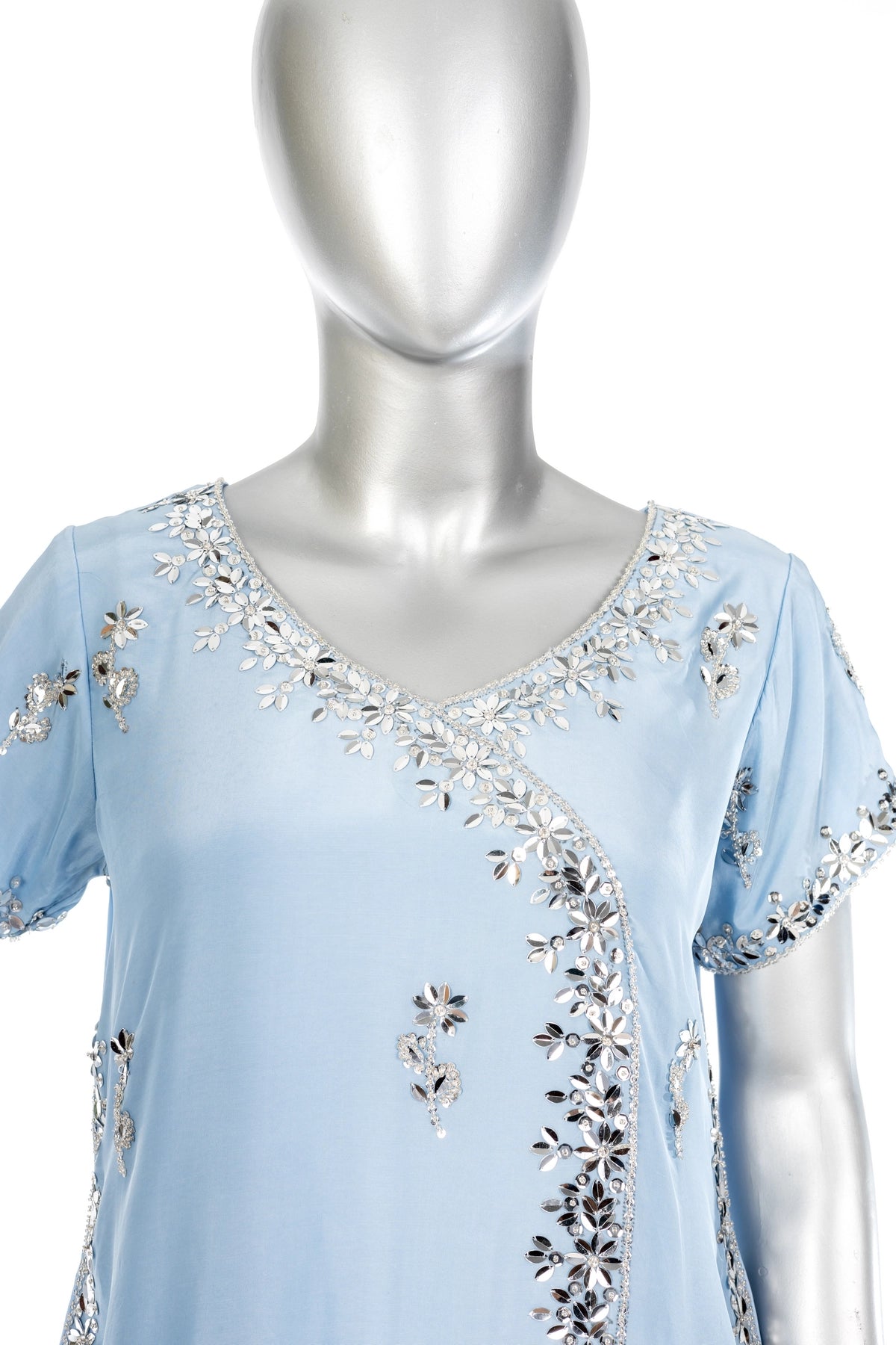 Sarah powder blue tassel silk suit with hand embellishment and elegant party wear styling by MariamRaj