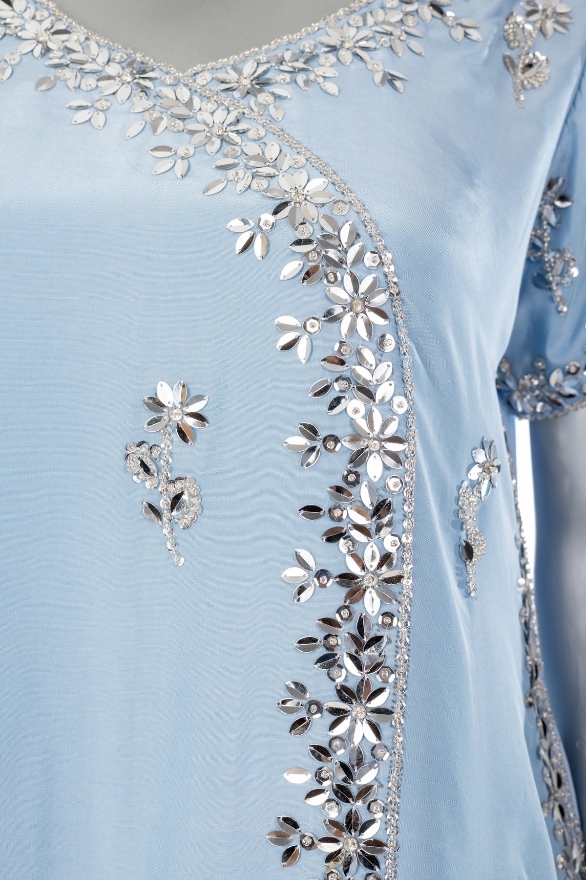 Sarah powder blue tassel silk suit with hand embellishment and elegant party wear styling by MariamRaj