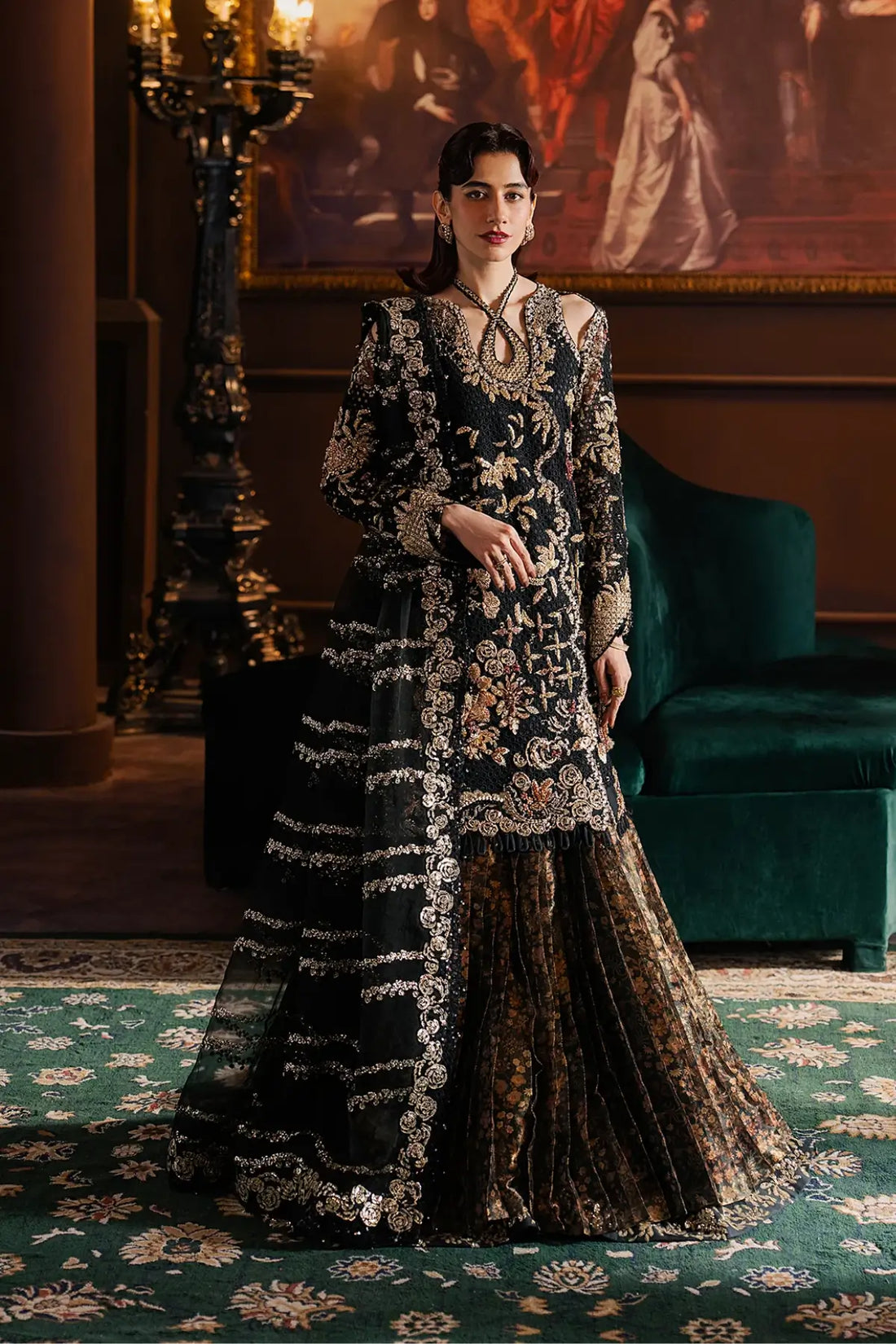 Sarave Afrozeh black stitched wedding lehenga outfit with rawsilk shirt antique gold embroidery rawsilk lehenga organza dupatta