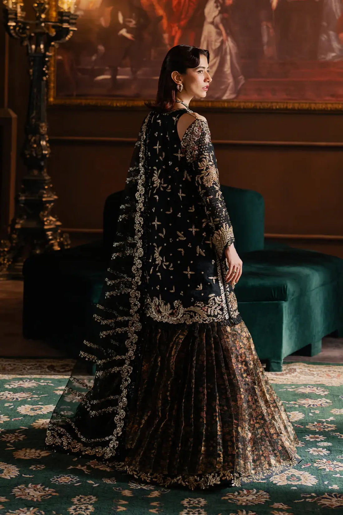 Sarave Afrozeh black stitched wedding lehenga outfit with rawsilk shirt antique gold embroidery rawsilk lehenga organza dupatta