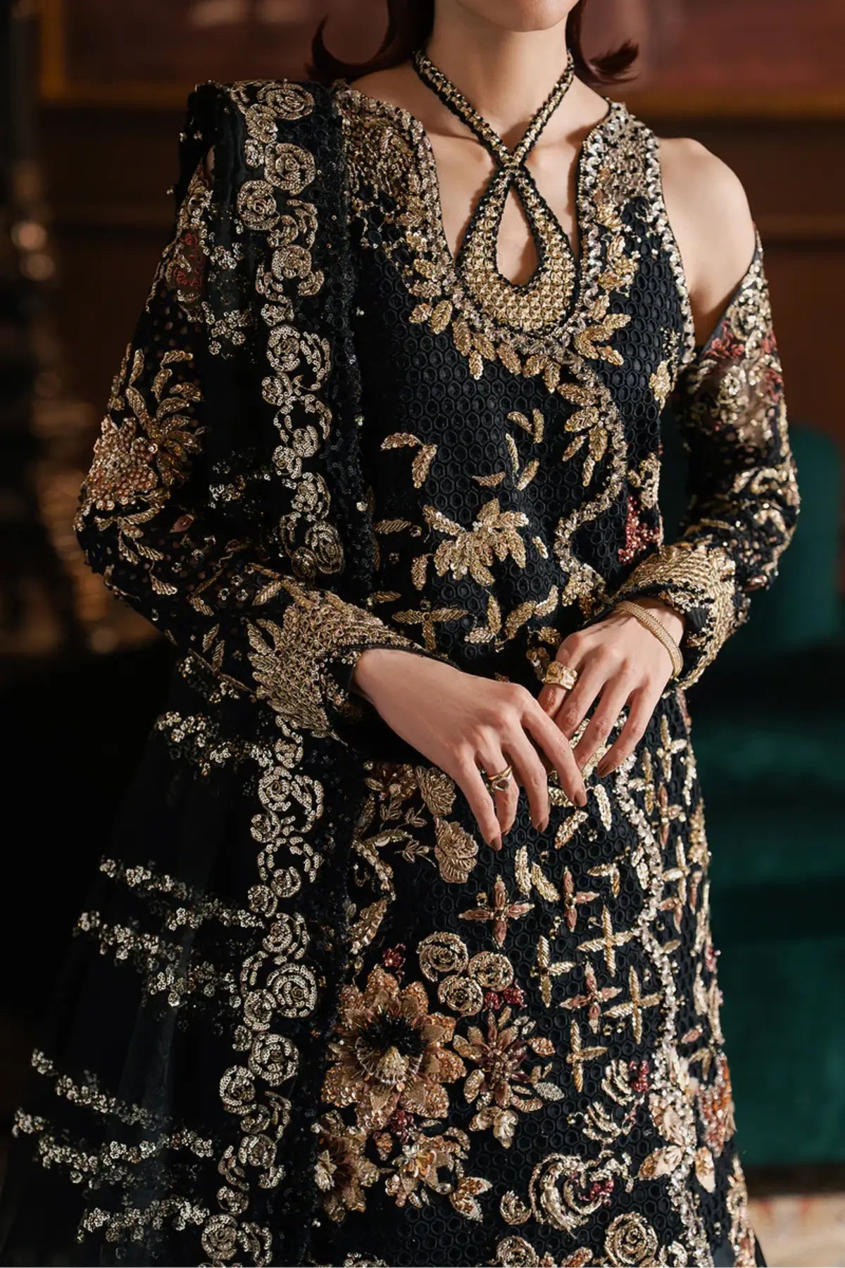 Sarave Afrozeh black stitched wedding lehenga outfit with rawsilk shirt antique gold embroidery rawsilk lehenga organza dupatta