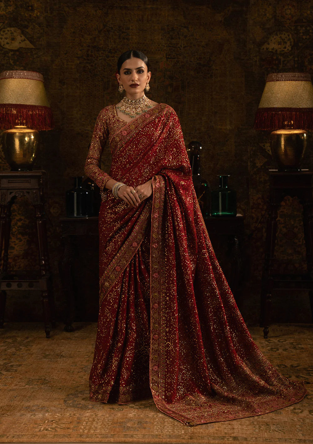 Aik Sari Edit ’25 Look 01 – Red bridal silk embroidered saree stitched with blouse & petticoat, luxury Pakistani designer outfit online.