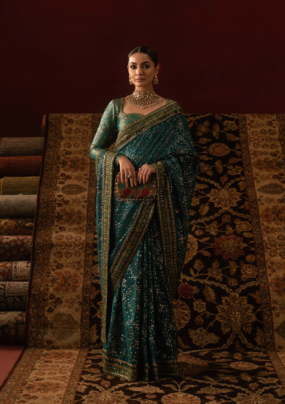 Aik Sari Edit ’25 Look 03 – Teal jamawar embroidered silk saree stitched with blouse & petticoat, luxury Pakistani designer outfit at Pakistanimoda.