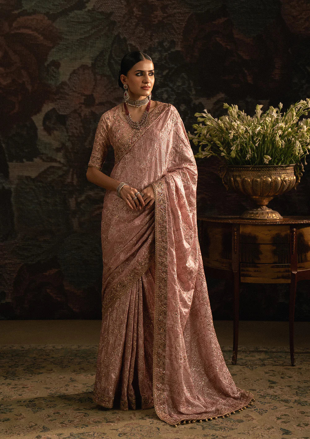Aik Sari Edit ’25 Look 06 – Luxury Pakistani pink jamawar embroidered silk saree with blouse & petticoat, stitched designer outfit at Pakistanimoda.