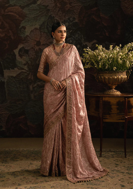 Aik Sari Edit ’25 Look 06 – Luxury Pakistani pink jamawar embroidered silk saree with blouse & petticoat, stitched designer outfit at Pakistanimoda.