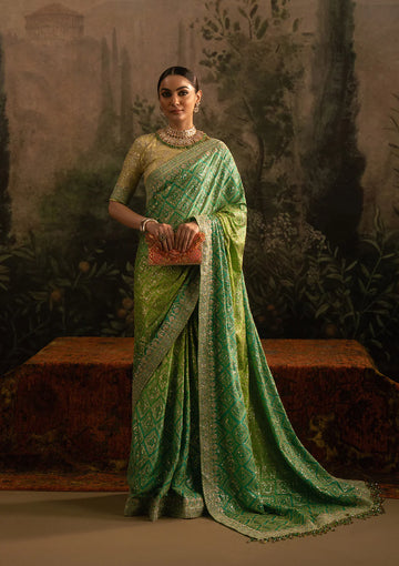 Aik Sari Edit ’25 Look 07 – Pakistani designer green jamawar embroidered silk saree with blouse & petticoat, stitched outfit at Pakistanimoda.