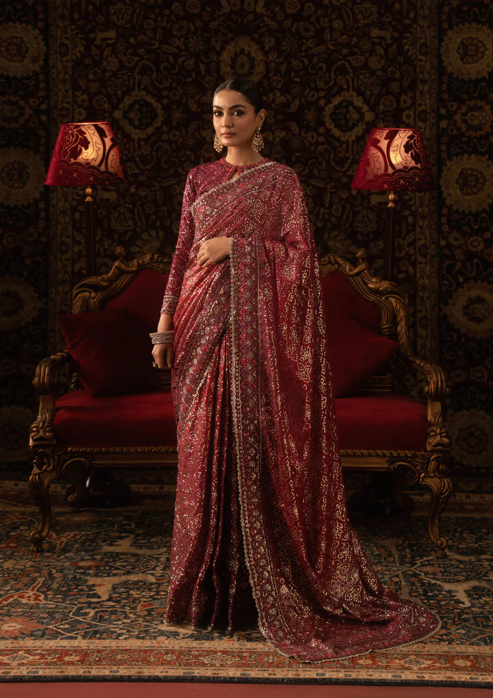 Aik Sari Edit ’25 Look 08 – Pakistani designer red embroidered silk saree stitched with blouse & petticoat, luxury wedding outfit at Pakistanimoda.