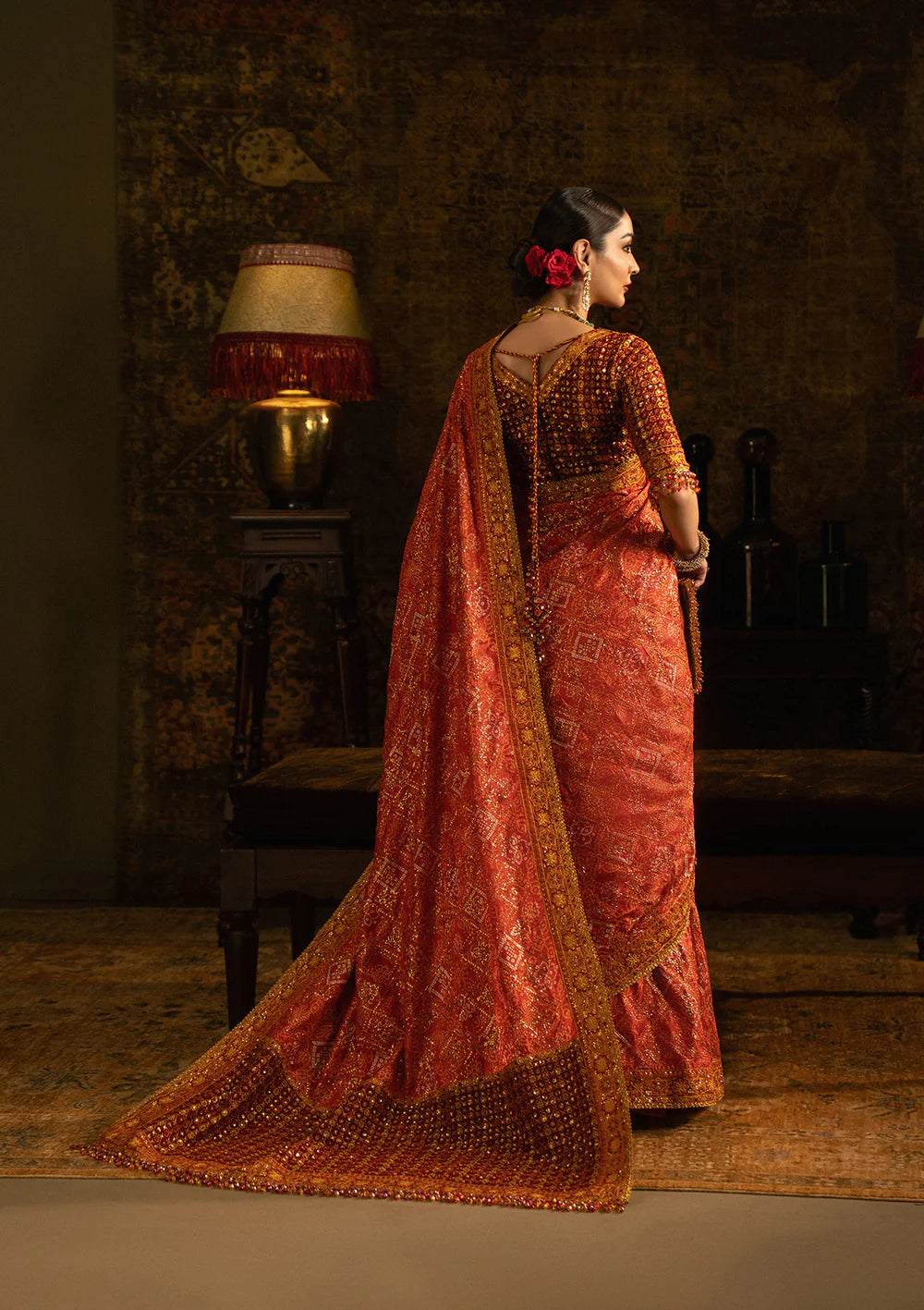 Aik Sari Edit ’25 Look 02 – Red bridal party wear silk embroidered saree stitched with blouse & petticoat, luxury Pakistani designer outfit.