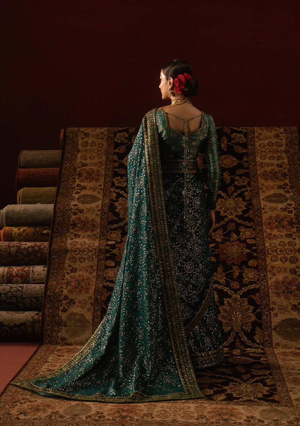 Aik Sari Edit ’25 Look 03 – Teal jamawar embroidered silk saree stitched with blouse & petticoat, luxury Pakistani designer outfit at Pakistanimoda.