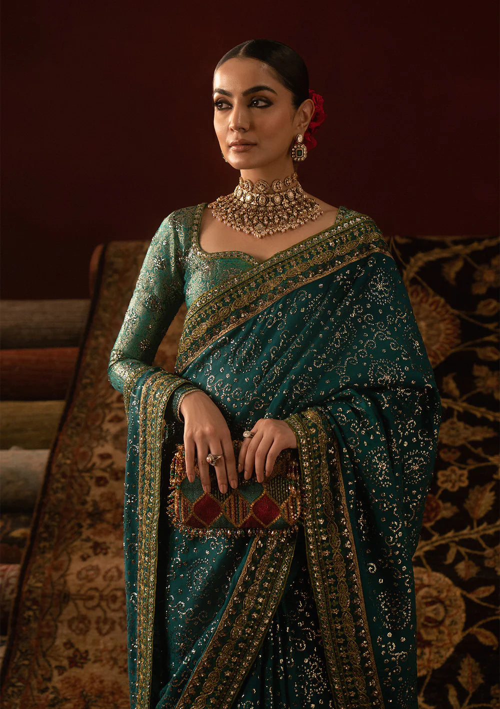 Aik Sari Edit ’25 Look 03 – Teal jamawar embroidered silk saree stitched with blouse & petticoat, luxury Pakistani designer outfit at Pakistanimoda.