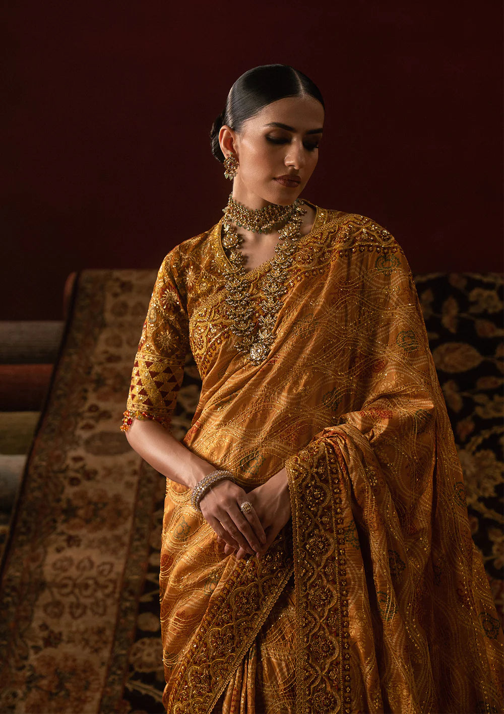 Aik Sari Edit ’25 Look 04 – Bridal party wear silk embroidered saree stitched with blouse & petticoat, luxury Pakistani designer outfit online.