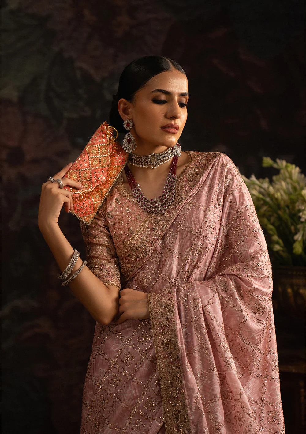 Aik Sari Edit ’25 Look 06 – Luxury Pakistani pink jamawar embroidered silk saree with blouse & petticoat, stitched designer outfit at Pakistanimoda.
