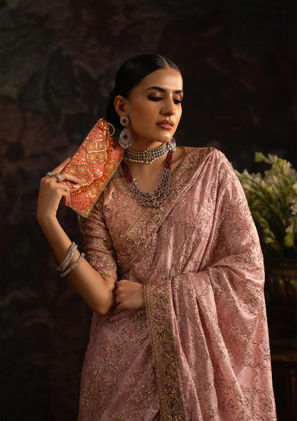 Aik Sari Edit ’25 Look 06 – Luxury Pakistani pink jamawar embroidered silk saree with blouse & petticoat, stitched designer outfit at Pakistanimoda.