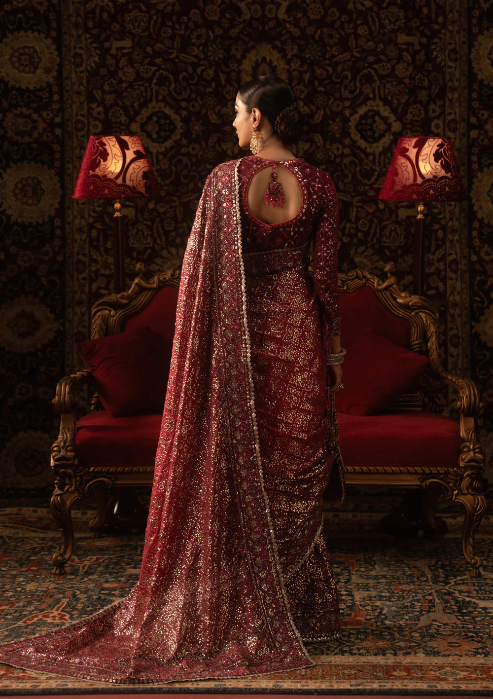 Aik Sari Edit ’25 Look 08 – Pakistani designer red embroidered silk saree stitched with blouse & petticoat, luxury wedding outfit at Pakistanimoda.
