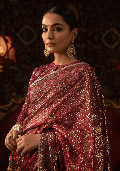 Aik Sari Edit ’25 Look 08 – Pakistani designer red embroidered silk saree stitched with blouse & petticoat, luxury wedding outfit at Pakistanimoda.