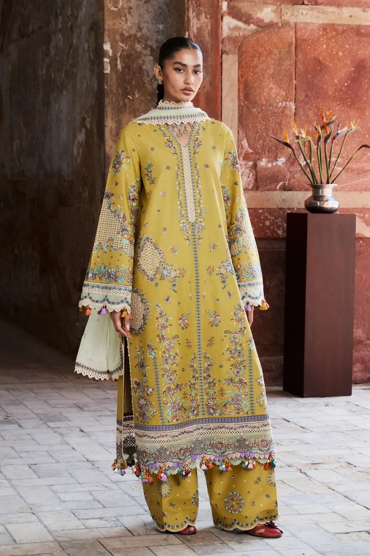 Sari yellow embroidered lawn stitched 3PC suit with chiffon dupatta by Hussain Rehar Pakistanimoda